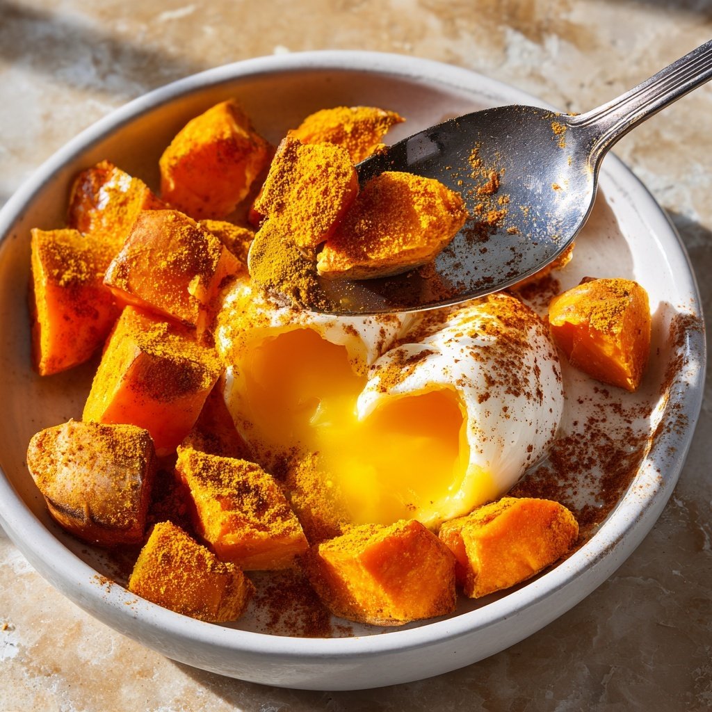 Batatas-doces cúrcuma ovos pochê