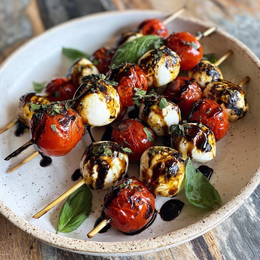 Espetos caprese glacê balsâmico