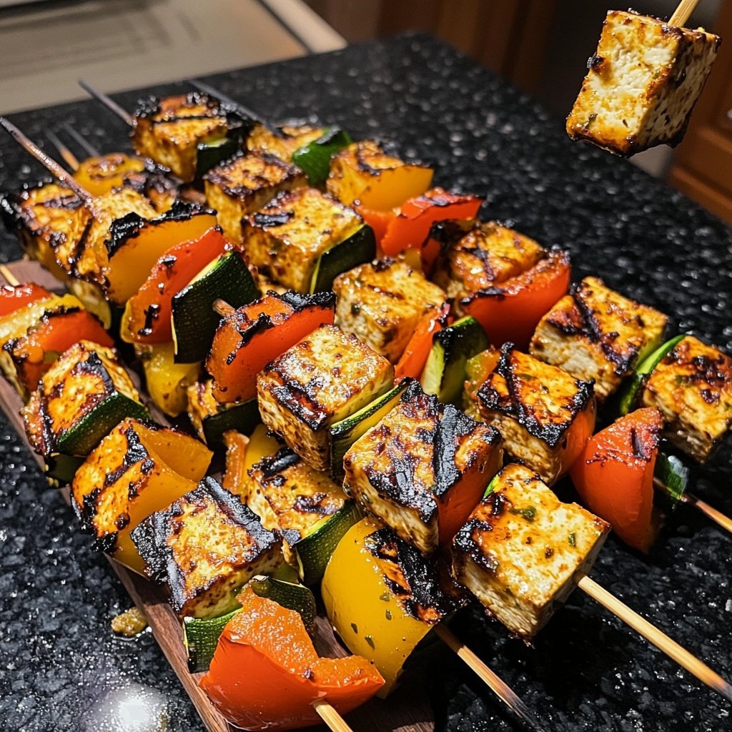 Espetinhos veganos na grelha de tofu e legumes