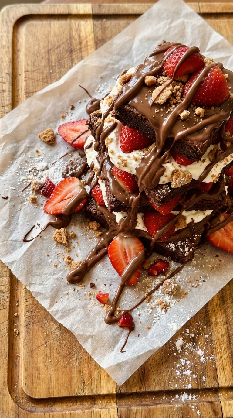 Torre de guloseima de morango com chocolate