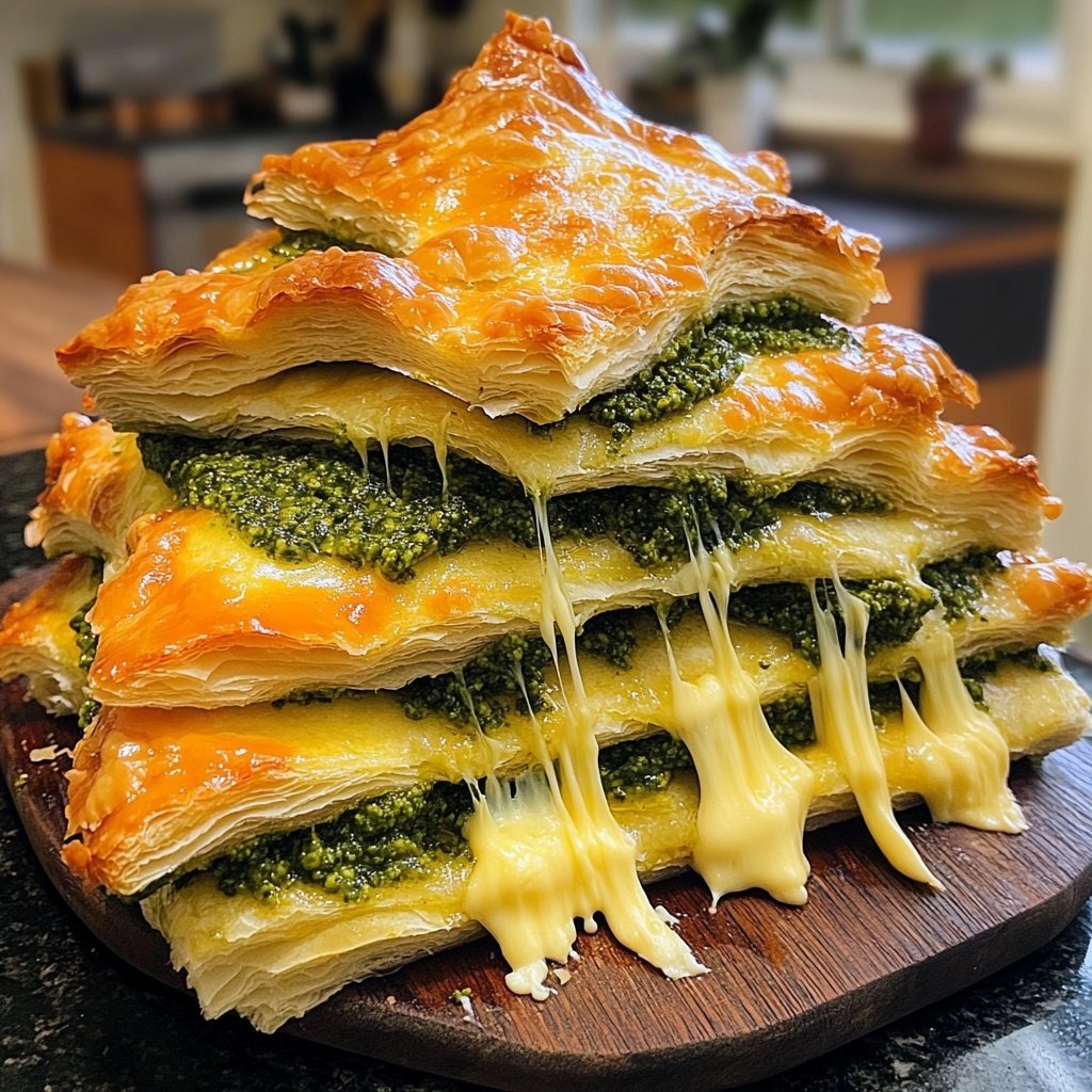 Árvore de Natal de massa folhada com pesto de manjericão e queijo